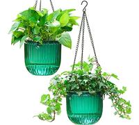 Melphoe 2 Pack Self Watering Hanging Planters Indoor Flower Pots, 6.5 Inch Outdoor Hanging Basket, Plant Hanger with 3Hooks Drainage Holes for Garden Home (Emerald)