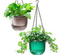 Melphoe 2 Pack Self Watering Hanging Planters Indoor Flower Pots, 6.5 Inch Outdoor Hanging Plant Basket, Hanger with 3Hooks Drainage Holes for Garden Home (Emerald + Gray)