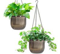 Melphoe 2 Pack Self Watering Hanging Planters Indoor Flower Pots, 6.5 Inch Outdoor Hanging Plant Pot Basket, Plant Hanger with 3Hooks Drainage Holes for Garden Home (Gray)