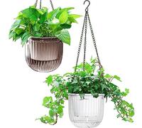 Melphoe 2 Pack Self Watering Hanging Planters Indoor Flower Pots, 6.5 Inch Outdoor Hanging Plant Pot Basket, Plant Hanger with 3Hooks Drainage Holes for Garden Home (Gray + White)