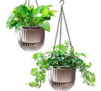 Melphoe 2 Pack Self Watering Hanging Planters Indoor Flower Pots, 6.5 Inch Outdoor Hanging Plant Pot Basket, Plant Hanger with 3Hooks Drainage Holes for Garden Home (Gray)