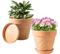 Melphoe Plant Pots Indoor with Drainage & Saucer, 2Pack 10 inch Flower Pots Outdoor Planters for Indoor Plants Garden Home Decor Cactus Succulent, Rigid Plastic (Imitation-Terracotta) Vine-Embossed