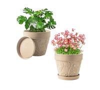 Melphoe Plant Pots Indoor with Drainage & Saucer, 2Pack 7 inch Flower Pots Outdoor Planters for Indoor Plants Garden Home Decor Cactus Succulent, Rigid Plastic (Imitation-Terracotta) Vine-Embossed