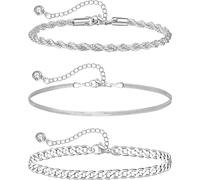 Melshabt Sterling Silver Ankle Bracelets for Women Strong Lobster Clasp - Cuban Link, Figaro, Rope, Flat Mariner, Snake Herringbone, Satellite, Paperclip - Summer Beach Waterproof Silver Anklet, 8.5