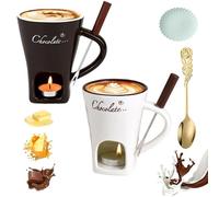 Meltie Cup, Chocolate Fondue Mug Set, Ceramic Cheese Melting Cup with Fork and Tea Candle, Handcrafted Fondue cups, Tea Light Heating Butter Warmer, for Cheese Chocolates Butter (2pcs-3,no Candle)