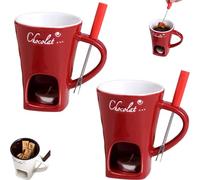 Meltie Cup, Chocolate Fondue Mugs with Forks, Chocolate Melting Mug, Mini Fondue Set, Fondue Mug Set, Tealight Candle Mini Simmer Mug for Cheese, Caramel, Tapas(Red*2)