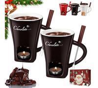 Melting Chocolate Mug, Chocolate Fondue Mug with Forks and Candle, Ceramic Cheese Melting Cup, Fondue Heated with a Tealight, Warmer Mug for Candy Snack Caramel Party (2*Brown)