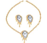 Melting Clock Jewelry Set Necklace and Earrings, Gold Tone Dripping Clock Pendant with Matching Dangle Earrings for Party Wear and Date Outfits Surreal Accessory Retro Timepiece Pendant Set Art Pair