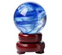 Melting Crystal Blue Quartz Ball with Stand,FengShui Decoration Crystals Sphere for Divination Home Office Decor,9cm/3.5in Gemstone Stone