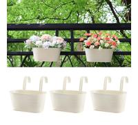Meltset 3 Pack Metal Iron Hanging Flower Pot, Oval Railing Fence Garden Balcony Planter Pots, Metal Bucket Flower Holders for Wall Indoor Outdoor Home Décor,Ivory