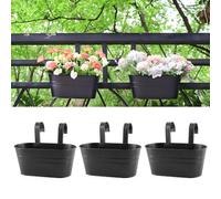Meltset 3 Pack Metal Iron Hanging Flower Pot, Oval Railing Fence Garden Balcony Planter Pots, Metal Flower Pot Bucket Holder w Drainage Hole&Detachable Hook for Wall Indoor Outdoor Home Décor, Black