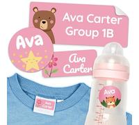 melu kids® Name Sticker Set Kids for Clothes & Objects (150 Pieces) Name Tags for School, Nursery and Kindergarten, Waterproof and in Various Sizes - Pink