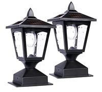 Melunar Solar Post Lights Outdoor, Solar Lamp Post Cap Lights, Waterproof Fence Post Solar Lights for Wood Fence Deck Patio Garden Outside Decorative, Fit on 4x4 Wood Posts, 15 Lumens, Black (2 Pack)