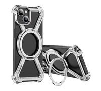 MEMAXELUS Skeleton Case for iPhone 13/14, Titanium Military-Grade Drop Protection with Magnetic 360° Ring Stand Case Compatible with MagSafe, Shockproof Bumper Cover for iPhone 14, Silver TJ