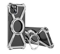 MEMAXELUS Skeleton Case for iPhone 15 6.1", Titanium Military-Grade Drop Protection with Magnetic 360° Ring Stand Case Compatible with MagSafe, Shockproof Bumper Cover for iPhone 15, Silver TJ