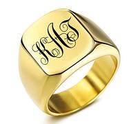 MeMeDIY Custom Engraved Initial Monogram Signet Ring For Men Women Boys Mens Rings Stainless Steel, Bundle with Ring Size Adjusters(Gold Color, Size R)