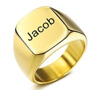 MeMeDIY Custom Engraved Initial Monogram Signet Ring For Men Women Boys Mens Rings Stainless Steel, Bundle with Ring Size Adjusters(Gold Color, Size V)