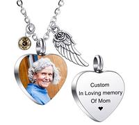 MeMeDIY Personalized Angel Wing Pendant Heart Urn Necklace Engraving Photo/Name Customized Birthstones for Men Women Boy Girl Dog Cat Pet Stainless Steel Ashes Memorial Keepsake Cremation Funnel Kit