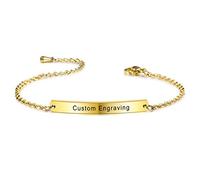 MeMeDIY Personalized Bracelet Customized Engraving Name/Date for Women Girls Girlfriend Best Friend Stainless Steel Dainty Ankle Link Bracelets with Adjustable Chain Bridesmaid Gift (Gold Color)