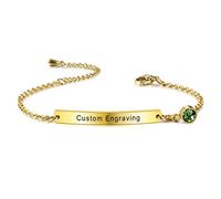 MeMeDIY Personalized Bracelet Customized Engraving Name/Date for Women Girls Girlfriend Stainless Steel Dainty Ankle Link Birthstone Bracelets with Adjustable Chain Bridesmaid Gift (Gold Color)