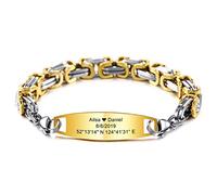 MeMeDIY Personalized Bracelet Engraving Name Identification ID Customized For Men Women Girls Boys Stainless Steel Adjustable Link Bracelets (Silver & Gold Color, 8.0 Inch Long, Byzantine Chain)