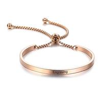 MeMeDIY Personalized Bracelet Engraving Name Identification ID Customized for Men Women Girls Water Resistant Stainless Steel Adjustable Cuff Bangle (Rose-Gold Color)