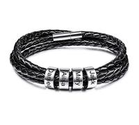 MeMeDIY Personalized Bracelets Engraving 2-6 Names Customized Identification ID for Women Men Genuine Leather Stainless Steel Beads Braided Cuff Bridesmaid Gifts Best Friend (Silver Color 4 Beads)