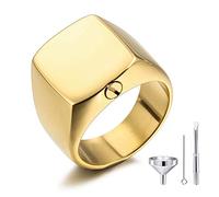 MeMeDIY Personalized Cremation Urn Ring Signet Ring Blank Photo Stainless Steel Memorial Ashes Holder Keepsake for Women Men Pet Dog Cat with Funnel Kit Ring Size Adjusters (Gold Size R)