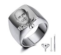MeMeDIY Personalized Cremation Urn Ring Signet Ring Engraving Black & White Picture Photo Stainless Steel Memorial Ashes Holder Keepsake for Women Men Pet Dog Cat with Funnel Kit (Silver Size T)