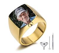 MeMeDIY Personalized Cremation Urn Ring Signet Ring Engraving Black & White Picture Photo Stainless Steel Memorial Ashes Holder Keepsake for Women Men Pet Dog Cat with Funnel Kit (Gold Size R)