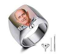 MeMeDIY Personalized Cremation Urn Ring Signet Ring Engraving Color Picture Photo Stainless Steel Memorial Ashes Holder Keepsake for Women Men Pet Dog Cat Funnel Kit Ring Adjusters (Silver Size R)