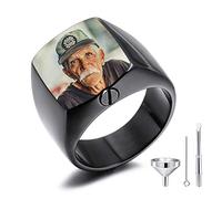 MeMeDIY Personalized Cremation Urn Ring Signet Ring Engraving Color Picture Photo Stainless Steel Memorial Ashes Holder Keepsake for Women Men Pet Dog Cat Funnel Kit Size Adjuster (Black Size Z+1)