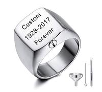 MeMeDIY Personalized Cremation Urn Ring Signet Ring Engraving Name/Text/Motto Stainless Steel Memorial Ashes Holder Keepsake for Women Men Pet Dog Cat with Funnel Kit (Silver Size R)