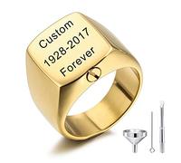 MeMeDIY Personalized Cremation Urn Ring Signet Ring Engraving Name/Text/Motto Stainless Steel Memorial Ashes Holder Keepsake for Women Men Pet with Funnel Kit Ring Size Adjusters (Gold Size V)
