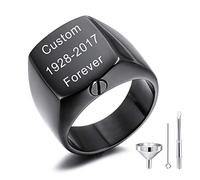 MeMeDIY Personalized Cremation Urn Ring Signet Ring Engraving Name/Text/Motto Stainless Steel Memorial Ashes Holder Keepsake for Women Men Pet Dog Cat with Funnel Kit Size Adjusters (Black Size P)
