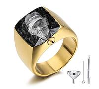 MeMeDIY Personalized Cremation Urn Ring Signet Ring Engraving Name/Text/Motto Stainless Steel Memorial Ashes Holder Keepsake for Women Men Pet with Funnel Kit Ring Size Adjusters (Gold Size X)