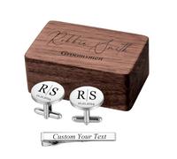 MeMeDIY Personalized Cufflinks Tie Clip Set with Engraved Walnut Wood Box Customized Wedding Cufflinks Engraved Name Initial Letter for Dad Groom Best Man C1