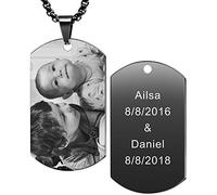 MeMeDIY Personalized Dog Tag Pendant Necklace Engraving Text/Black & White Picture for Men Women Memorial Stainless Steel Jewelry Bundle with Adjustable Chain, Keychain, Silencer (Black Color)
