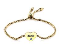 MeMeDIY Personalized Heart Charm Bracelet Custom Birthstone Engraving Name/Date/Initial for Women Girl Girlfriend Stainless Steel Adjustable Anklet Link Love Bridesmaid Gift (Gold)