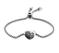 MeMeDIY Personalized Heart Charm Bracelet Custom Engraving Photo/Name/Date/Initial for Women Girl Girlfriend Stainless Steel Adjustable Anklet Link Love Bridesmaid Gift (Silver)