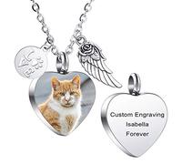 MeMeDIY Personalized Heart Paw Print Ashes Urn Pendant Necklace Custom Name/Photo/Date for Women Men Pet Lover Stainless Steel Memorial Dog Cat Pet Keepsake with Funnel Fill Kit Angel Wing -A1-2