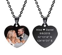 MeMeDIY Personalized Heart Pendant for Men Women Engraving Name/Text/Date/Color Picture Engraved Photo Necklace for Couples Bridesmaid Gifts Best Friend Stainless Steel Lovers Jewelry (Black)