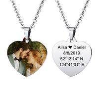 MeMeDIY Personalized Heart Pendant for Men Women Engraving Name/Text/Date/Color Picture Engraved Photo Necklace for Couples Bridesmaid Gifts Best Friend Stainless Steel Lovers Jewelry (Silver)