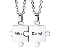 MeMeDIY Personalized Jigsaw Puzzle Pendant Necklace Engraving Name Date for Couples Women Men Customized Birthstone Stainless Steel Jewelry for Family Love Friendship (2 Pieces Silver Color)