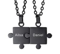 MeMeDIY Personalized Jigsaw Puzzle Pendant Necklace Engraving Name Date for Couples Women Men Customized Birthstone Stainless Steel Jewelry for Family Love Friendship (2 Pieces Black Color)
