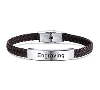 MeMeDIY Personalized Leather Bracelet Customized Engraving Name Date ID for Men Women Boy Girl Best Friend Stainless Steel Adjustable Braided Cuff Love Anniversary Jewelry Gift