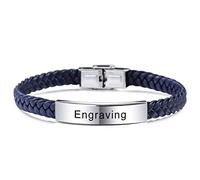 MeMeDIY Personalized Leather Bracelet Customized Engraving Name Date ID for Men Women Boy Girl Best Friend Stainless Steel Adjustable Braided Cuff Love Anniversary Jewelry Gift