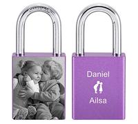 MeMeDIY Personalized Love Lock Engraving Photo Custom Picture for Couples Men Women Boyfriend Girlfriend Lover Aluminum Memorial Anniversary Valentine Bridge Padlock with Key (Purple Color)