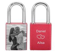 MeMeDIY Personalized Love Lock Engraving Photo Custom Picture for Couples Men Women Boyfriend Girlfriend Lover Aluminum Memorial Anniversary Valentine Bridge Padlock with Key (Red Color)
