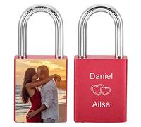 MeMeDIY Personalized Love Lock Engraving Photo Custom Picture for Couples Men Women Boyfriend Girlfriend Lover Aluminum Memorial Anniversary Valentine Bridge Padlock with Key (Red Color)